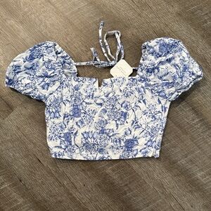 Altar'd State Blue and White Puff Sleeve Crop Blouse